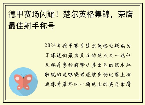 德甲赛场闪耀！楚尔英格集锦，荣膺最佳射手称号