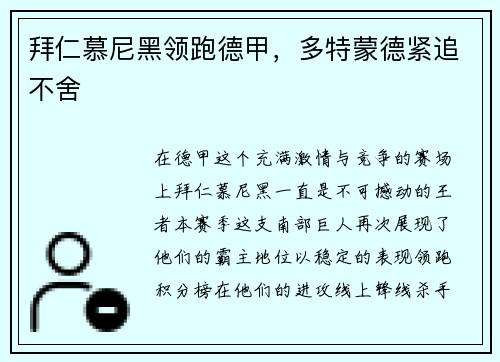 拜仁慕尼黑领跑德甲，多特蒙德紧追不舍