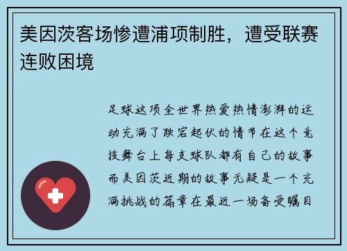 美因茨客场惨遭浦项制胜，遭受联赛连败困境